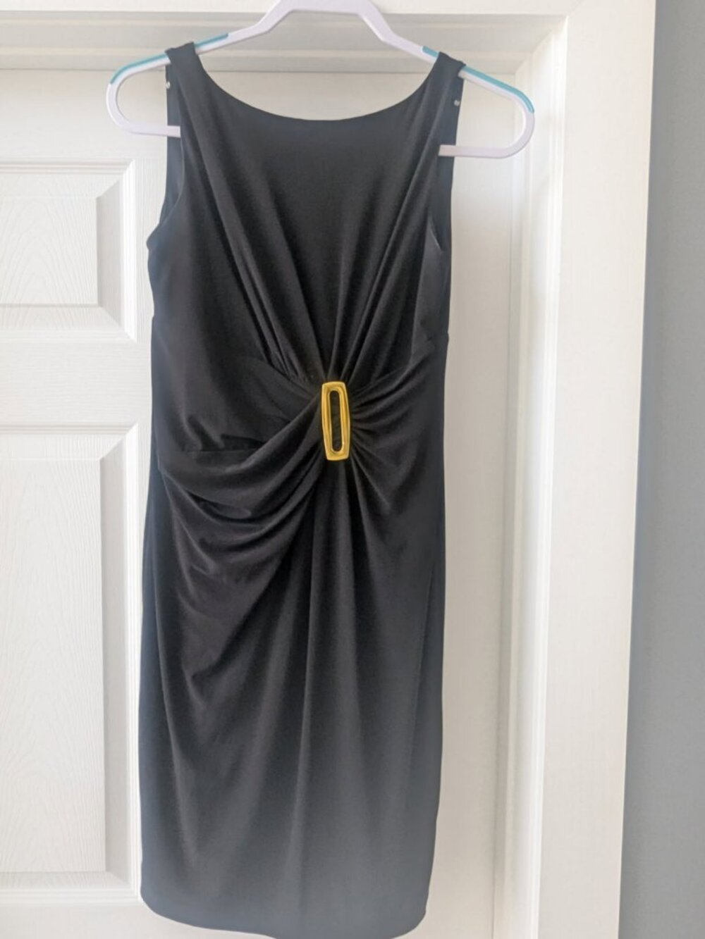 Anne Klein Black Sleeveless Ruched Sheath Dress with Gold Hardware